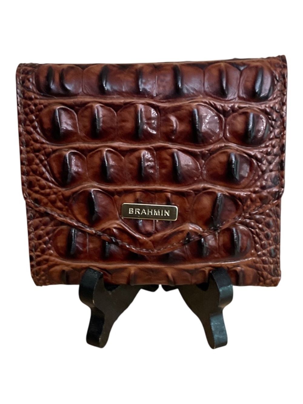 Brahmin Melbourne Pecan Brown Croc Embossed Leather Trifold Wallet